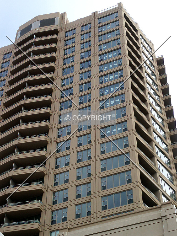 Looking up the southwest corner, with stickers remaining on the upper windows