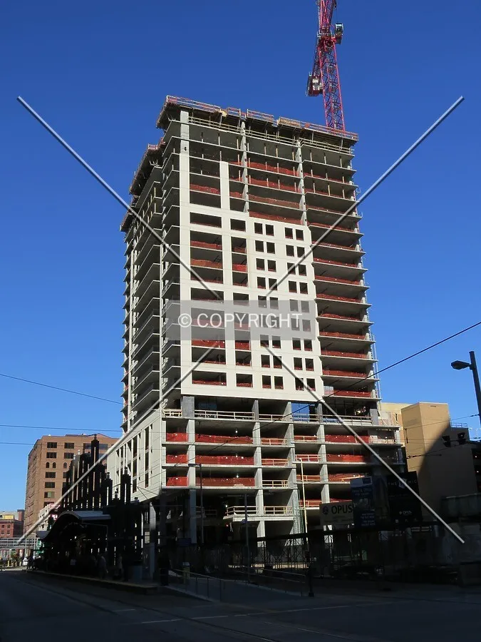 View to the northwest across 5th Street South and Marquette Avenue
