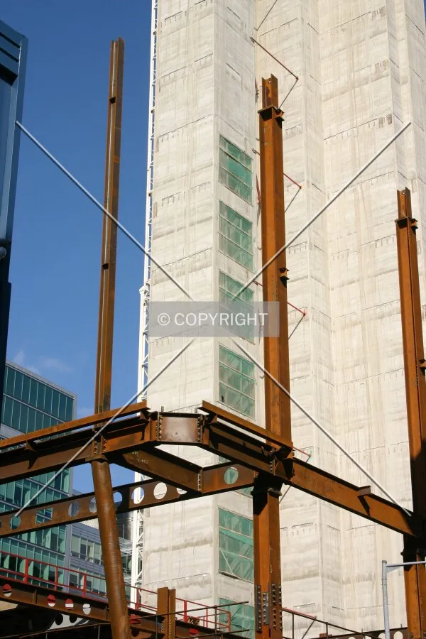 Steelwork juxtaposed against the east core