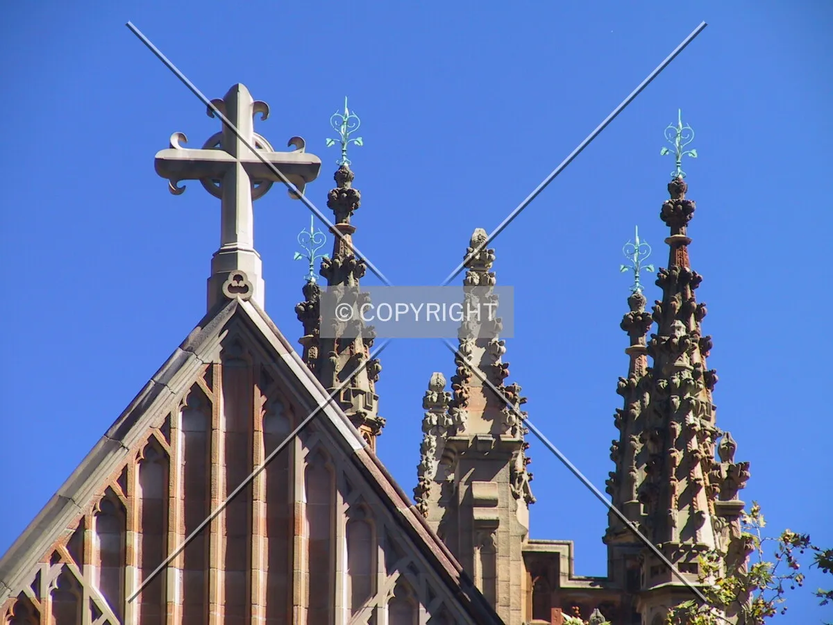 View to the west showing the rooftop crucifix and pinnacles