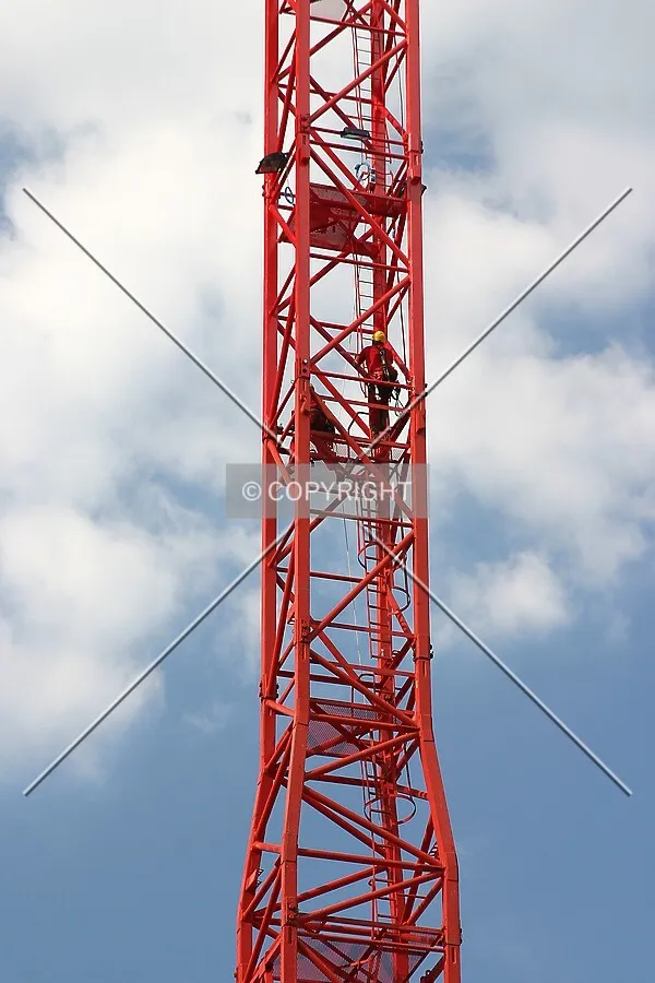 Workers in action erecting the crane