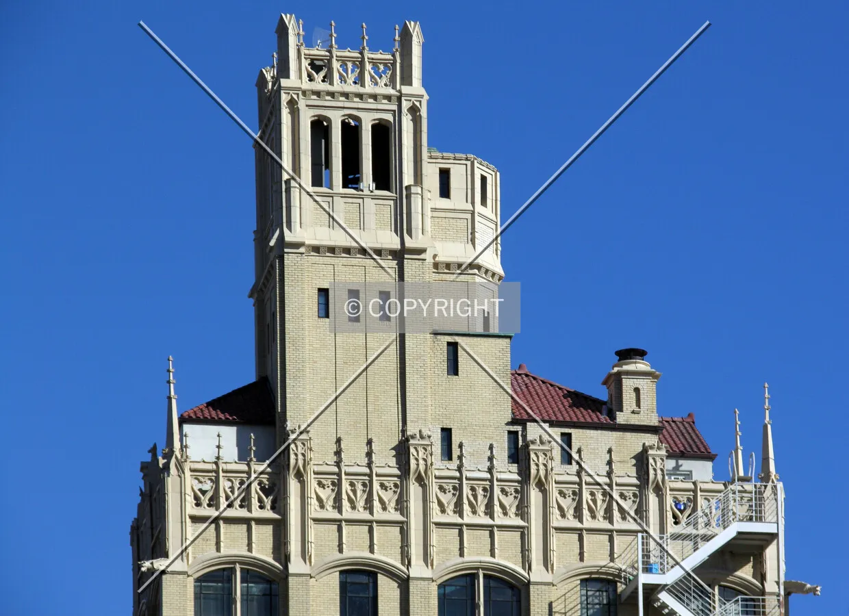 Lighthouse and gargoyles as seen from the west along Pack Square