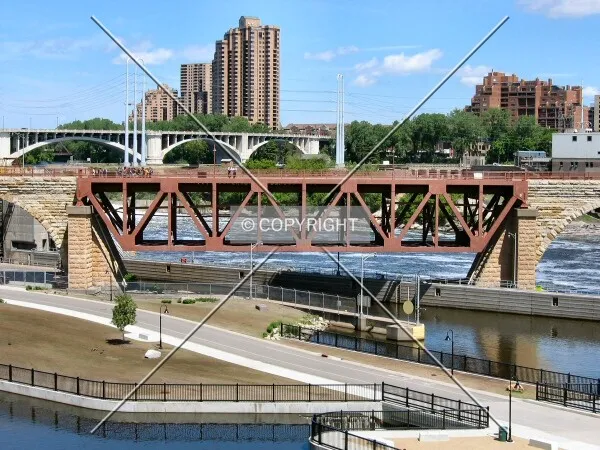 Stone Arch Bridge, St. Anthony Lock, and Mississippi River from West River Road