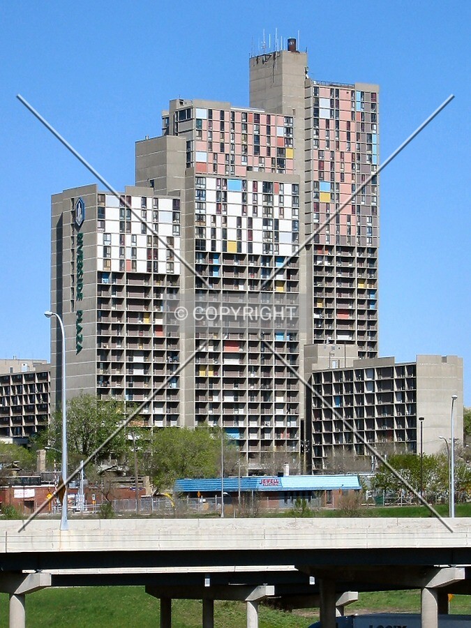 View to the northeast from 9th Street South, McKnight Tower rising behind