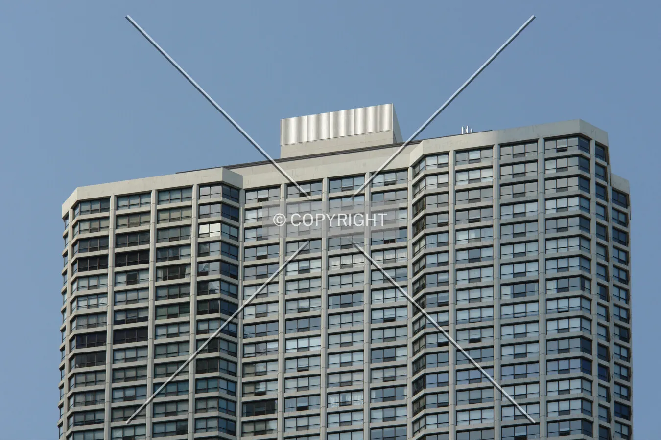 The upper section of the River Plaza skyscraper