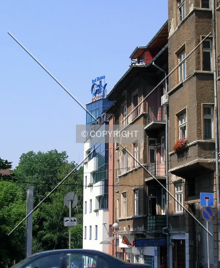 Looking from the side at the front of the building