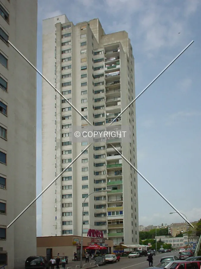 Side view; as seen from nearby sister tower