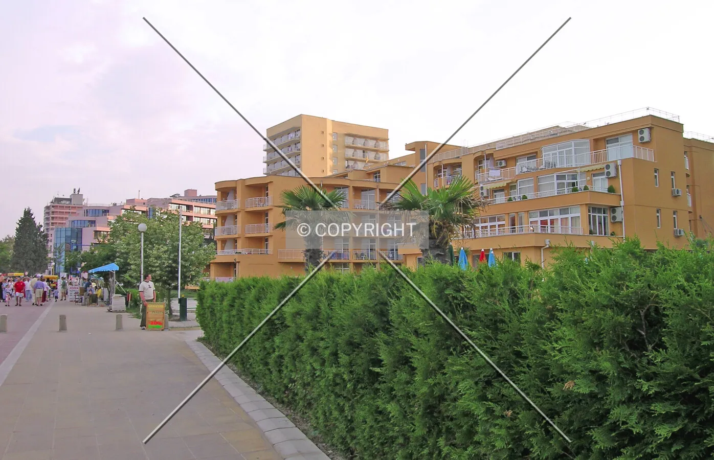 Sunny Beach's main pedestrian walkway, which is located between the Black Sea and the hotel row