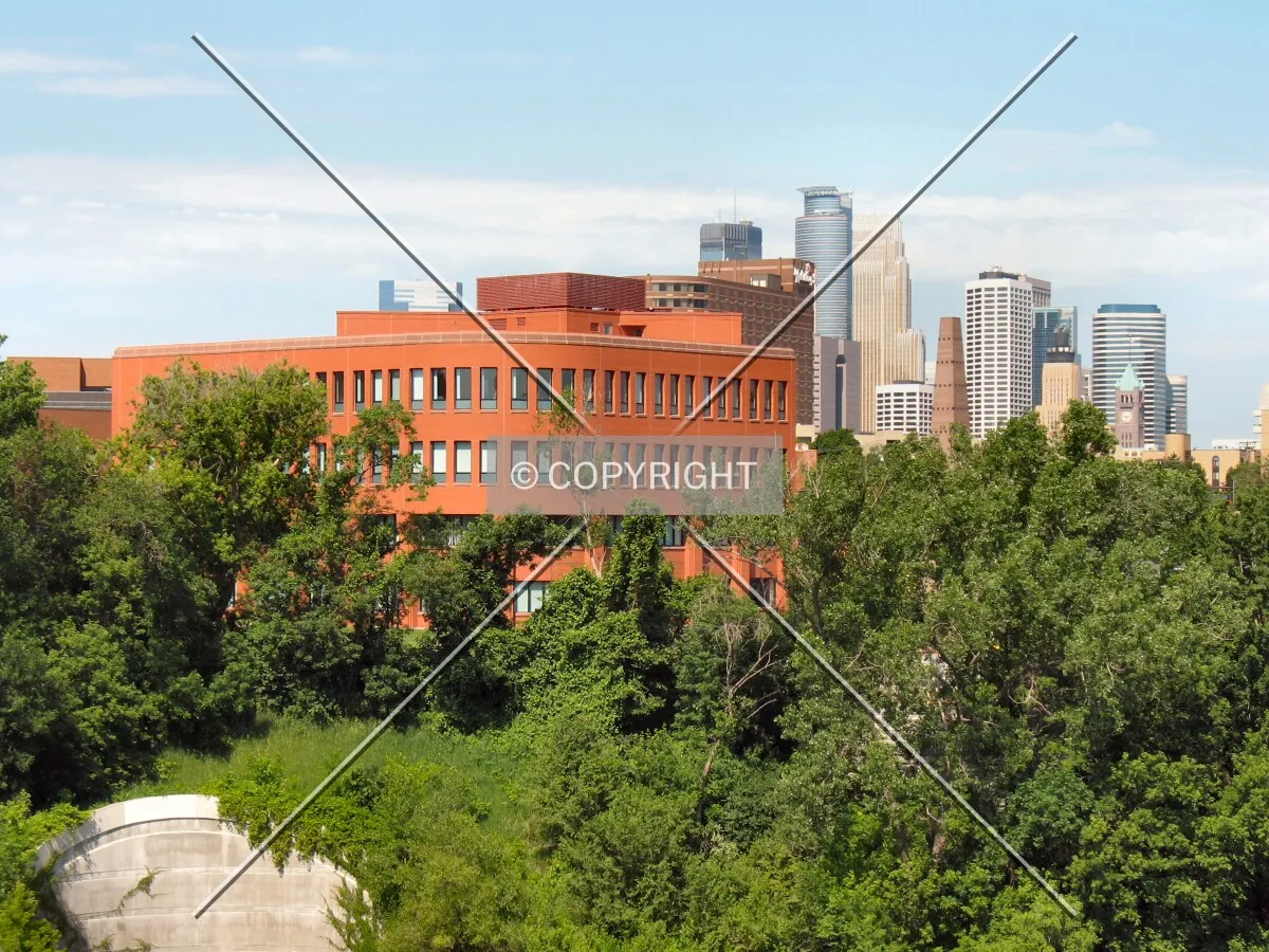 View to the northwest from the Washington Avenue Bridge with Downtown in the distance