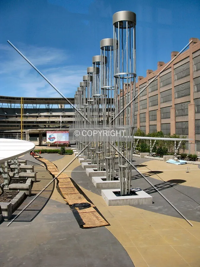 View to the northwest from the 2nd Avenue skyway over the north pedestrian plaza, with baseball bat sculpture