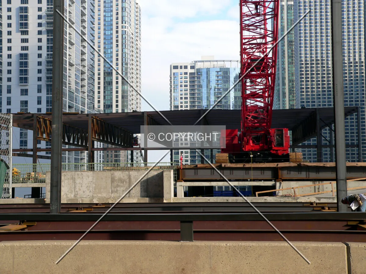 View into the site with steel framing of the ballroom visible
