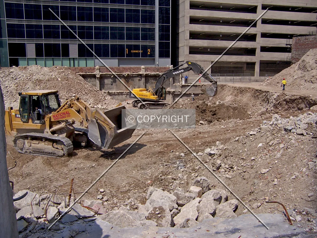 Looking northeast into the site from Randolph Street at the excavation of rubble from the demolition of the site's former buildings