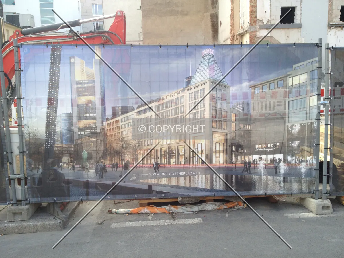 Rendering of the proposed office building at a fence