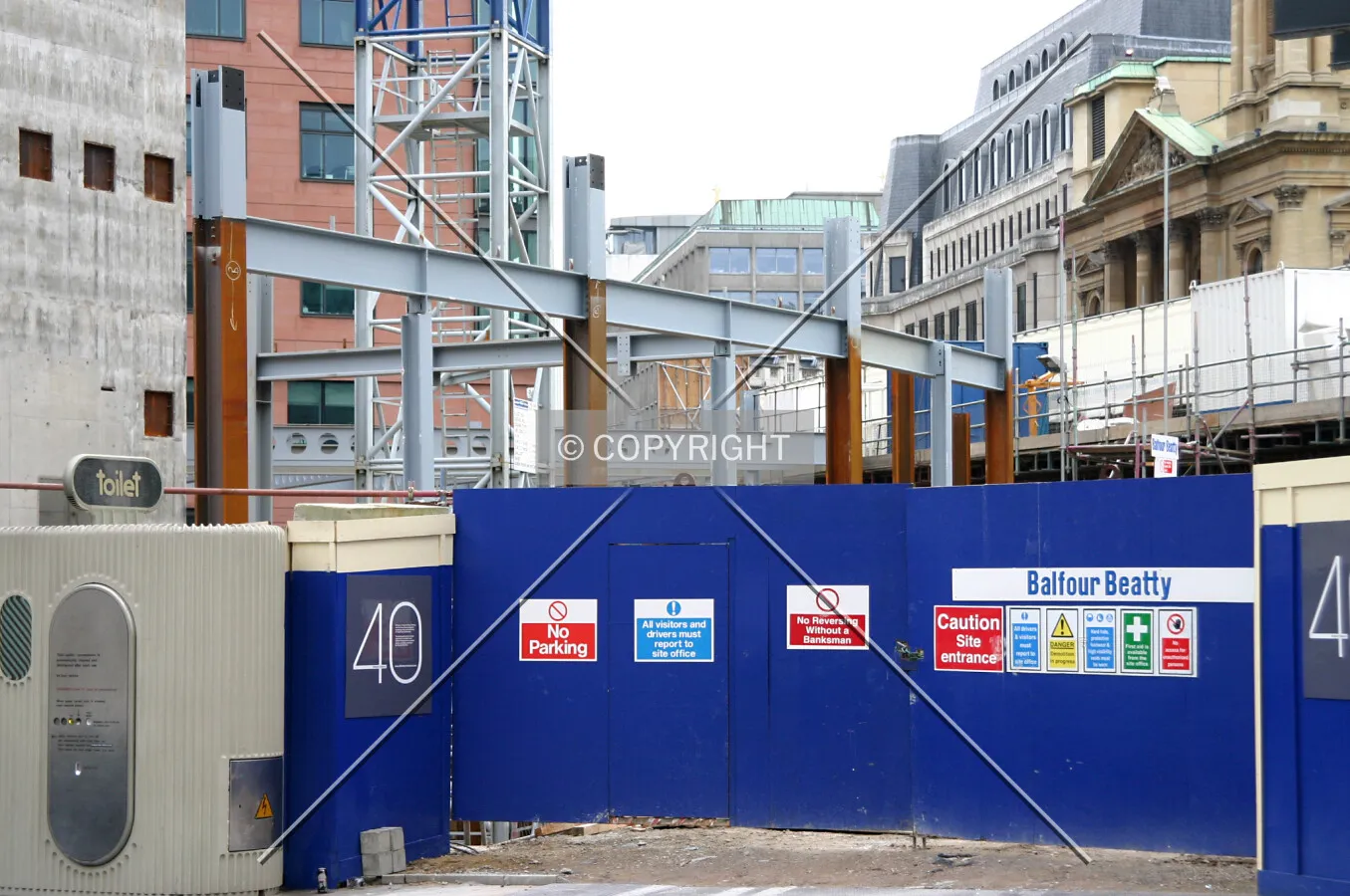 View east from Charterhouse Street of steelwork rising above the site