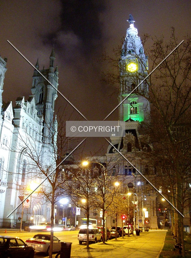 Looking south on North Broad St toward the Masonic Temple and City Hall