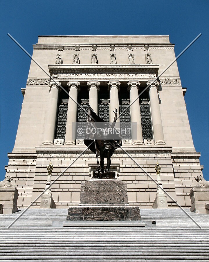 Looking up the steps from East Vermont Street, Pro Patria rising in front of the Memorial Hall
