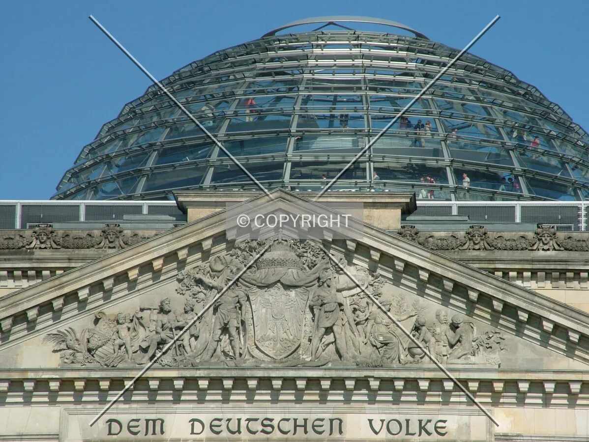 Facade reads 'The German People' under Sir Norman Foster's glass dome