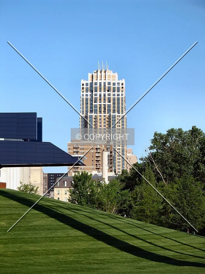 View to the west across Gold Medal Park, with the Guthrie Theater's Endless Bridge