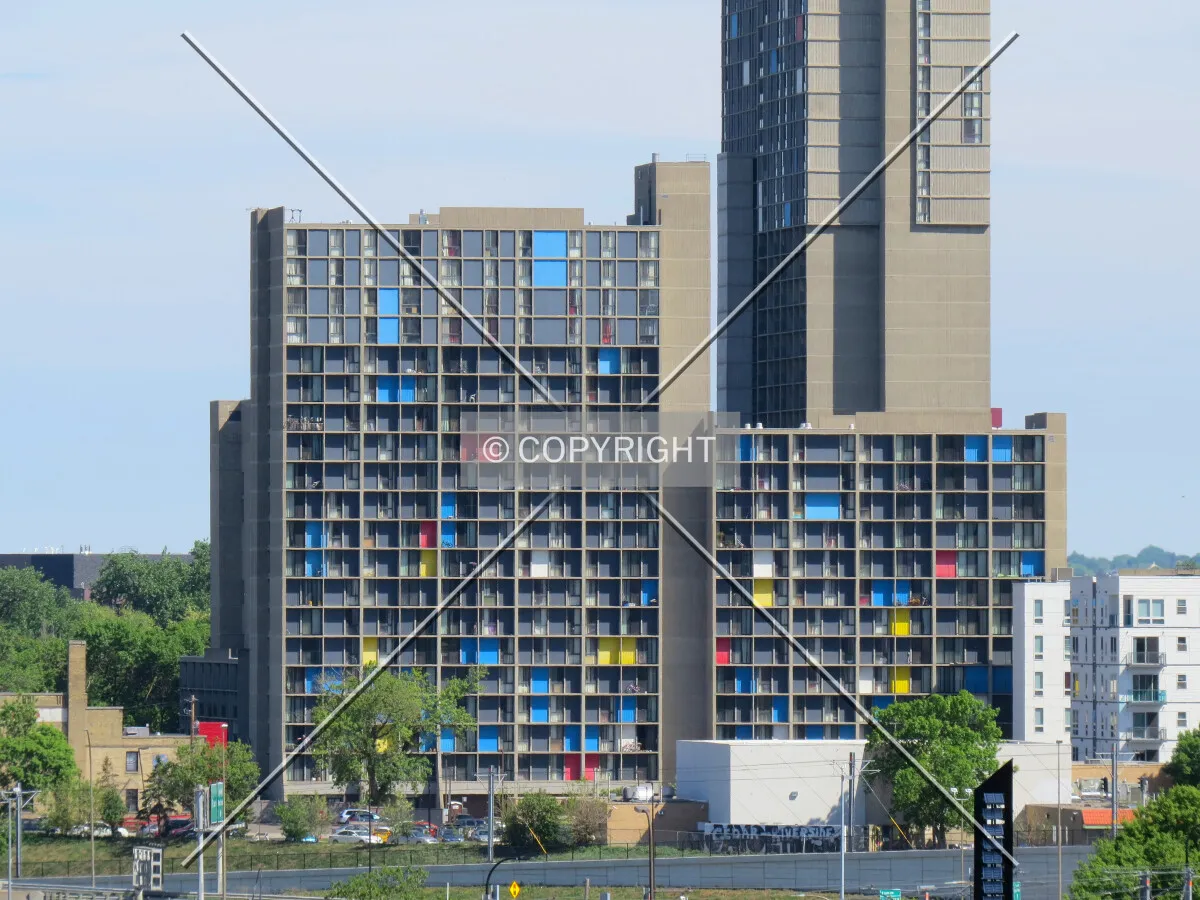 Distant view to the southeast from the Mills Fleet Farm Parking Ramp