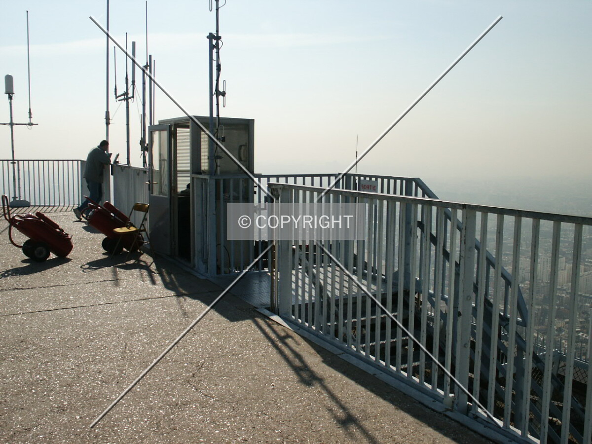 Watchman's cabin and stairway on the rooftop observation deck