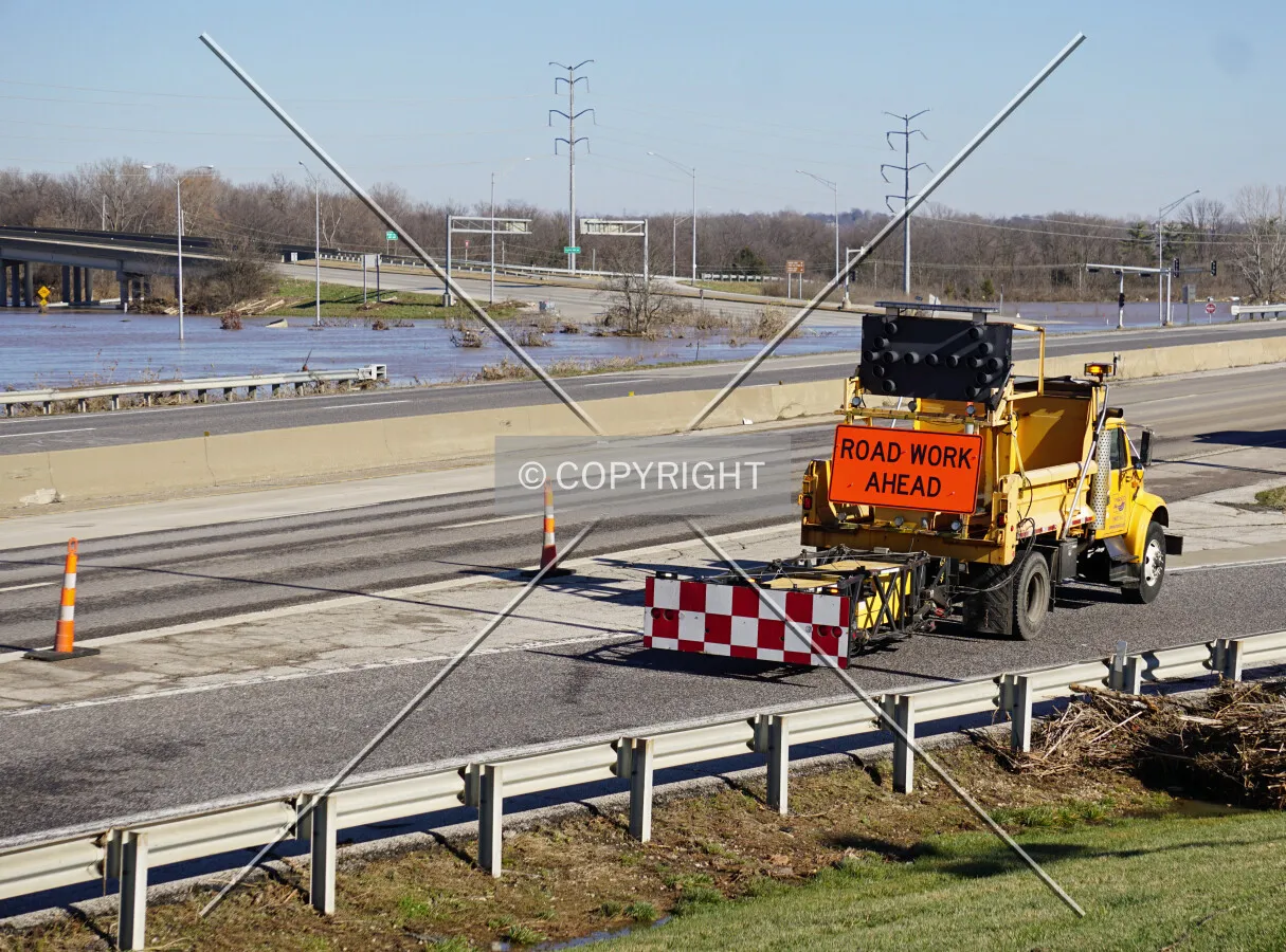 A MoDot truck blocking the closed exit ramp from Interstate 44 to Highway 141 in Valley Park, Missouri due to flooding from the Meramec River; January 1, 2016