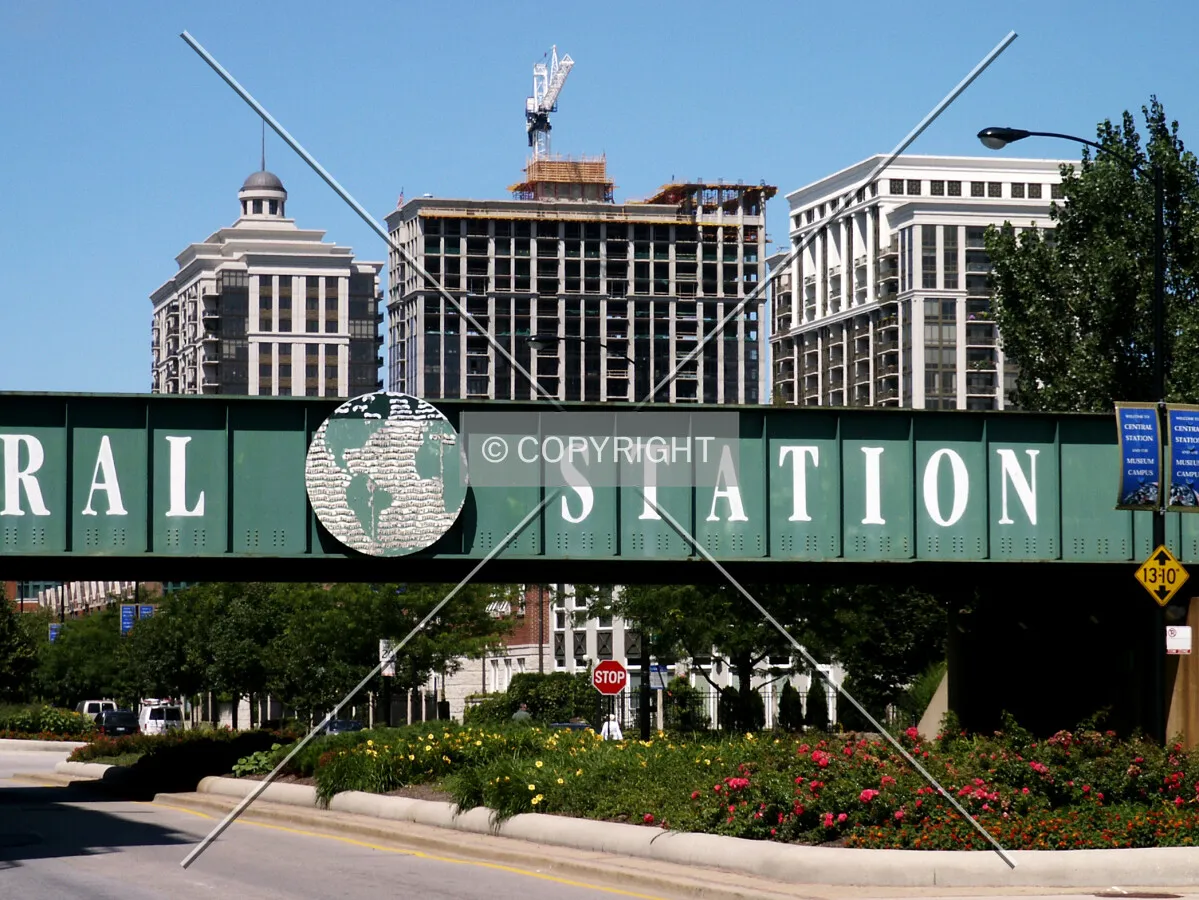 View from Indiana Avenue over the Central Station sign on the railroad bridge
