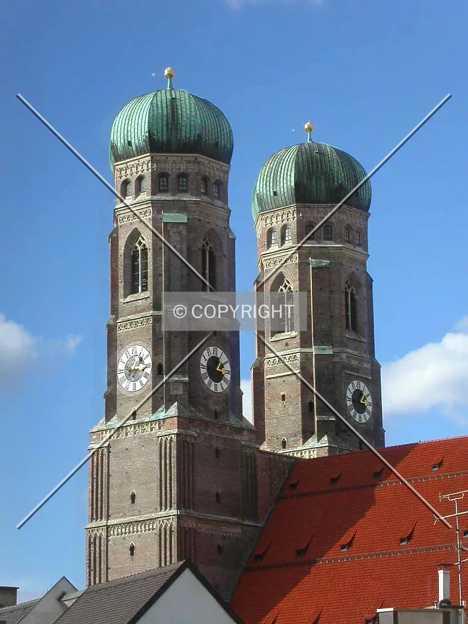Looking up from the south to the two towers of the church