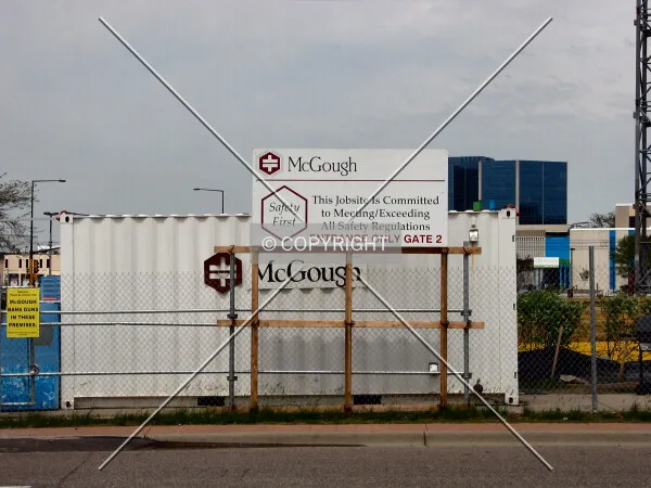 Storage trailer and safety placard at Construction Entrance 2 along Old Shakopee Road