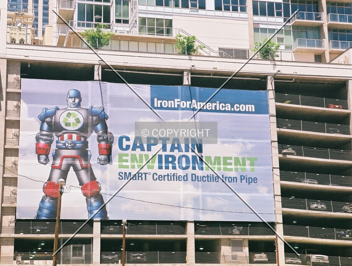 Advertisement banner hanging from the podium