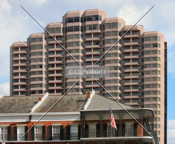 Rising above traditional New Orleans architecture, from Natchez Street