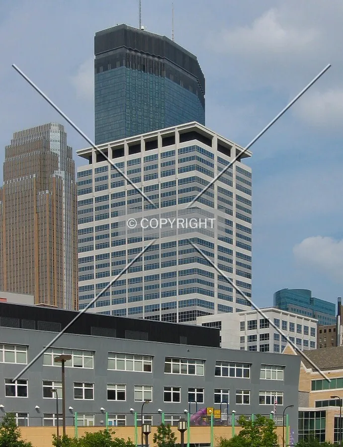 Distant view from the southwest, Wells Fargo Center and IDS Tower rising behind