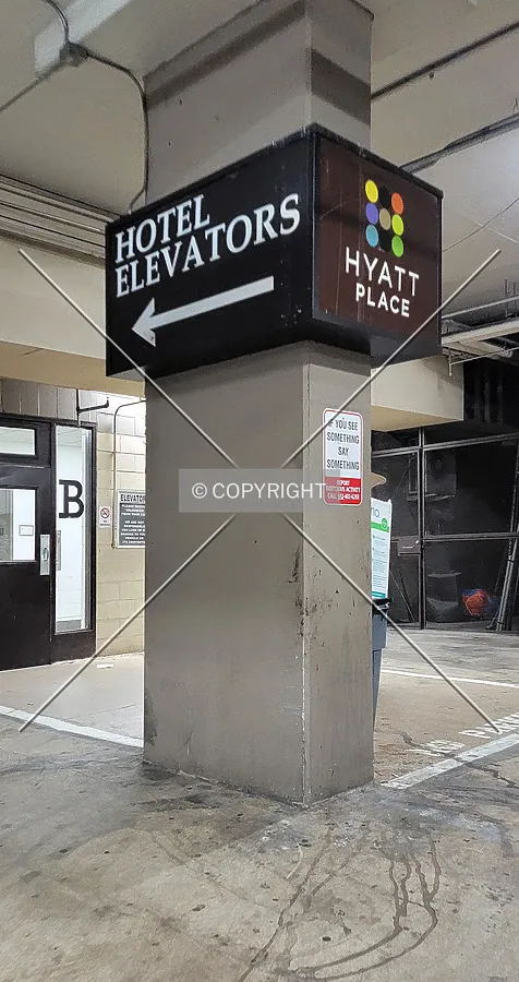 Parking garage looking towards the hotel elevators; July 3, 2021