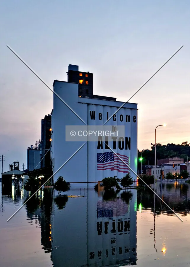 Evening view from the southeast while flooded by the Mississippi; June 2, 2019