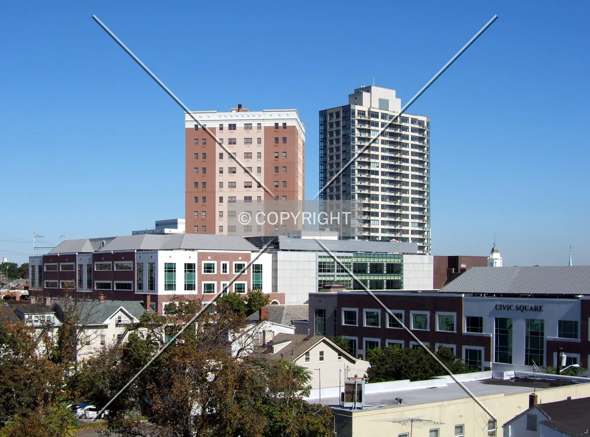 View from the southwest with Skyline Tower and One Pring Street behind