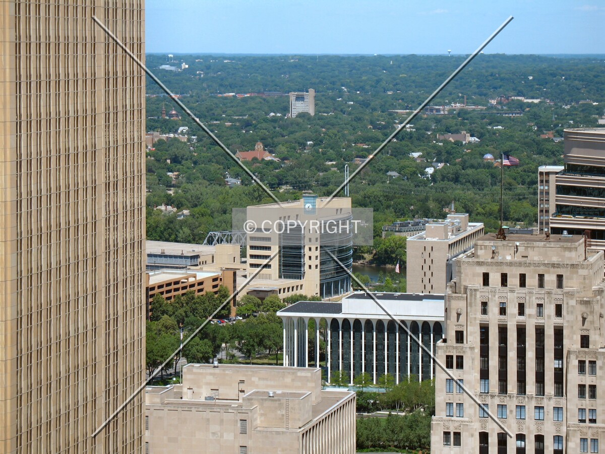 View to the north from the Foshay Tower Observation Deck, framed by the Wells Fargo Center and Rand Tower