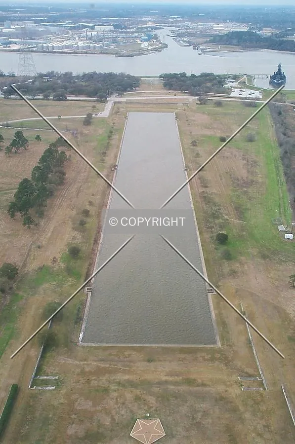 A view from the observation room of the park grounds and Battleship Texas