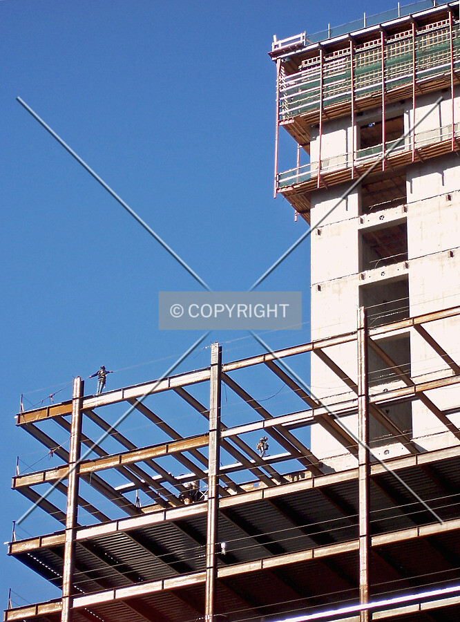 Ironworkers and structural steel on the southwest corner of the tower structure