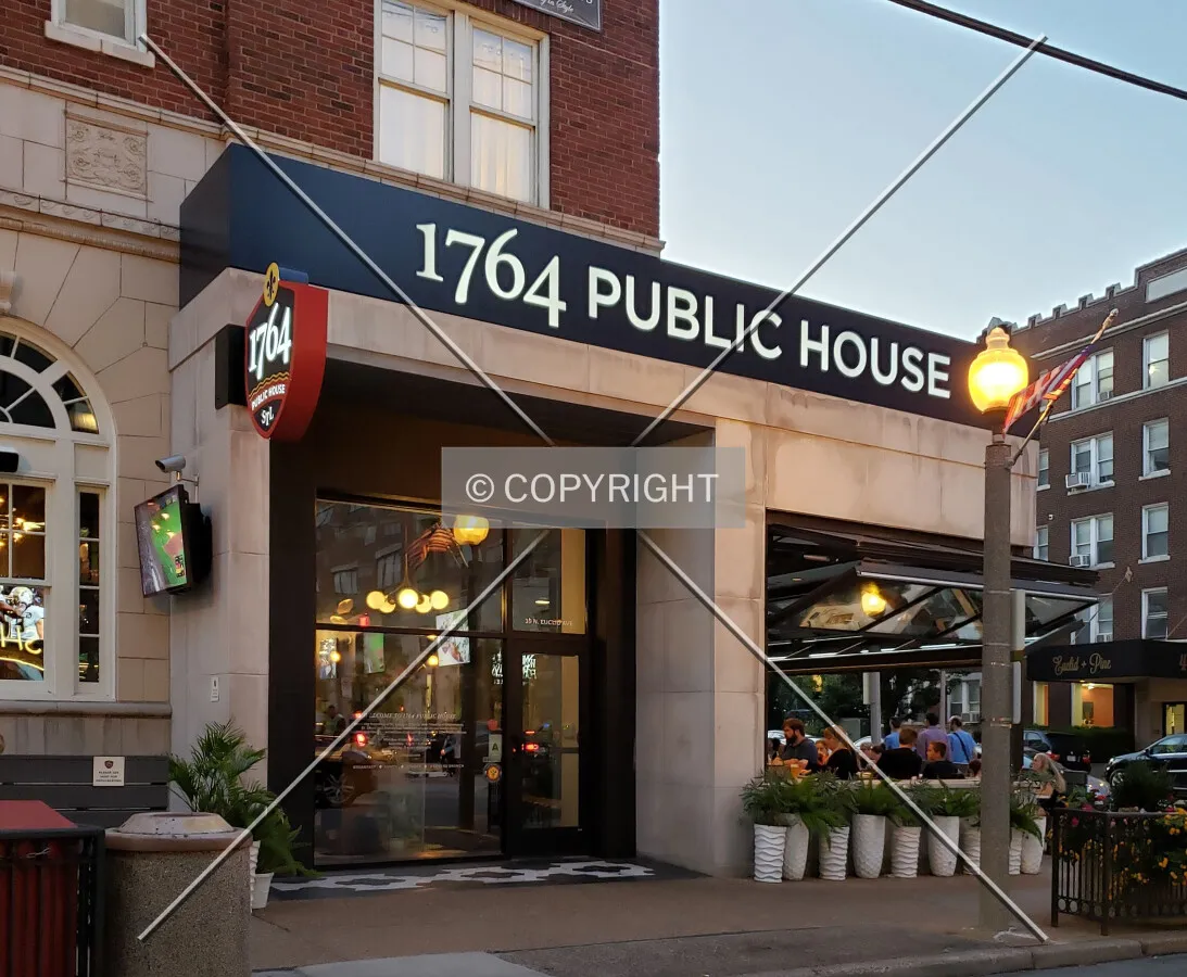 1764 Public House restaurant on the northeast corner; September 6, 2019
