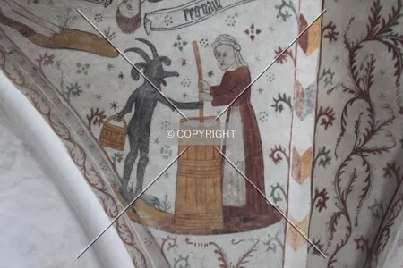 Wall painting of a milkmaid and a devil spoiling the butter