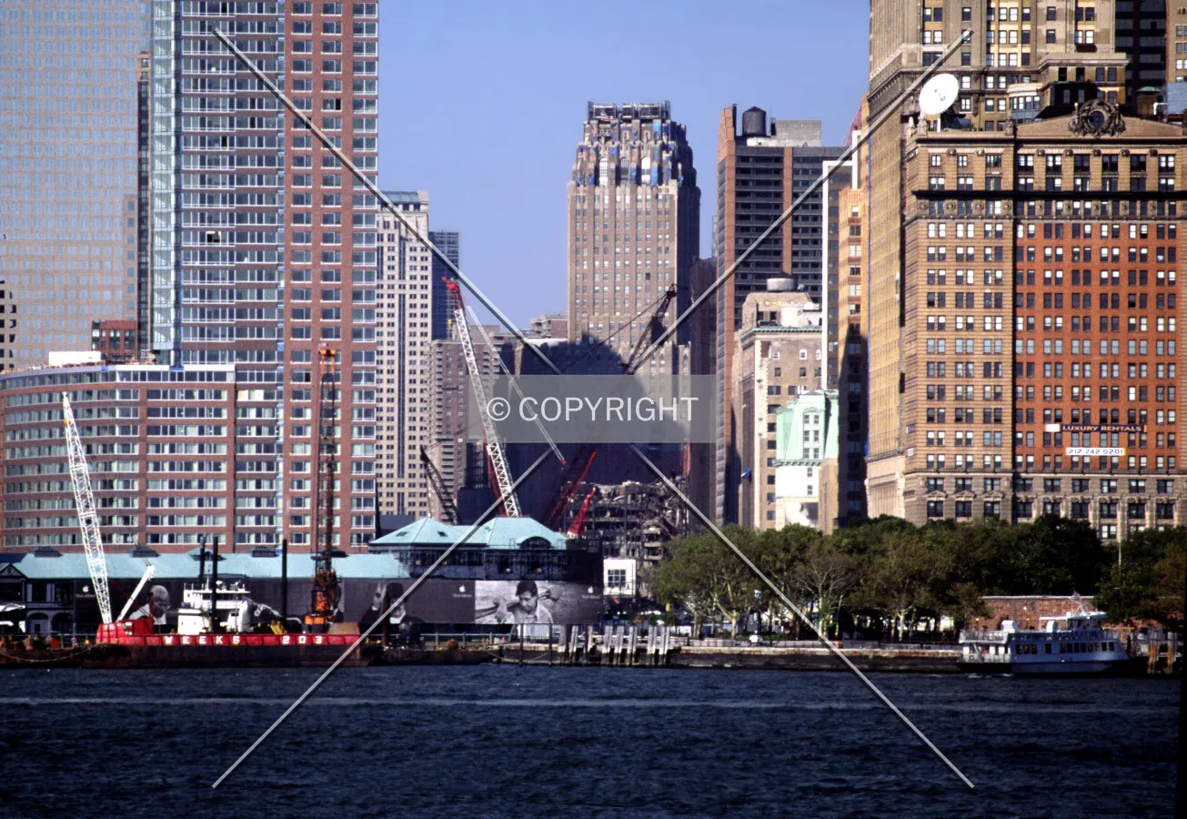 View northeast toward the Barclay-Vesey Building showing clearance of the North Tower ruins