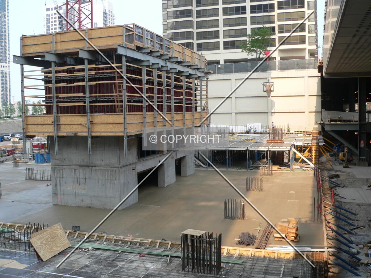 Looking northeast toward the rising elevator core from lower Randolph Street