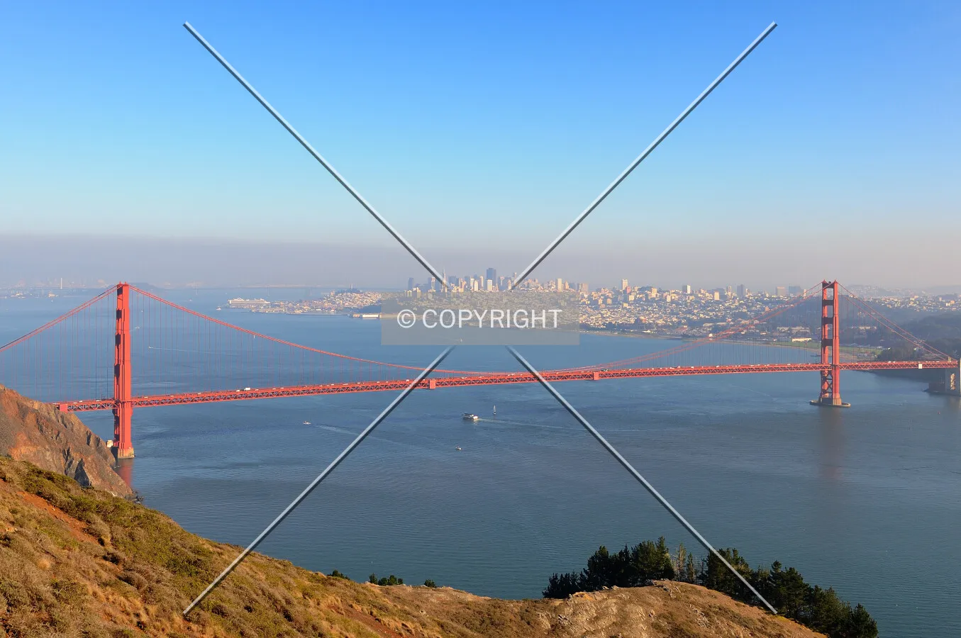 View of San Francisco Bay across Golden Gat Bridge.
