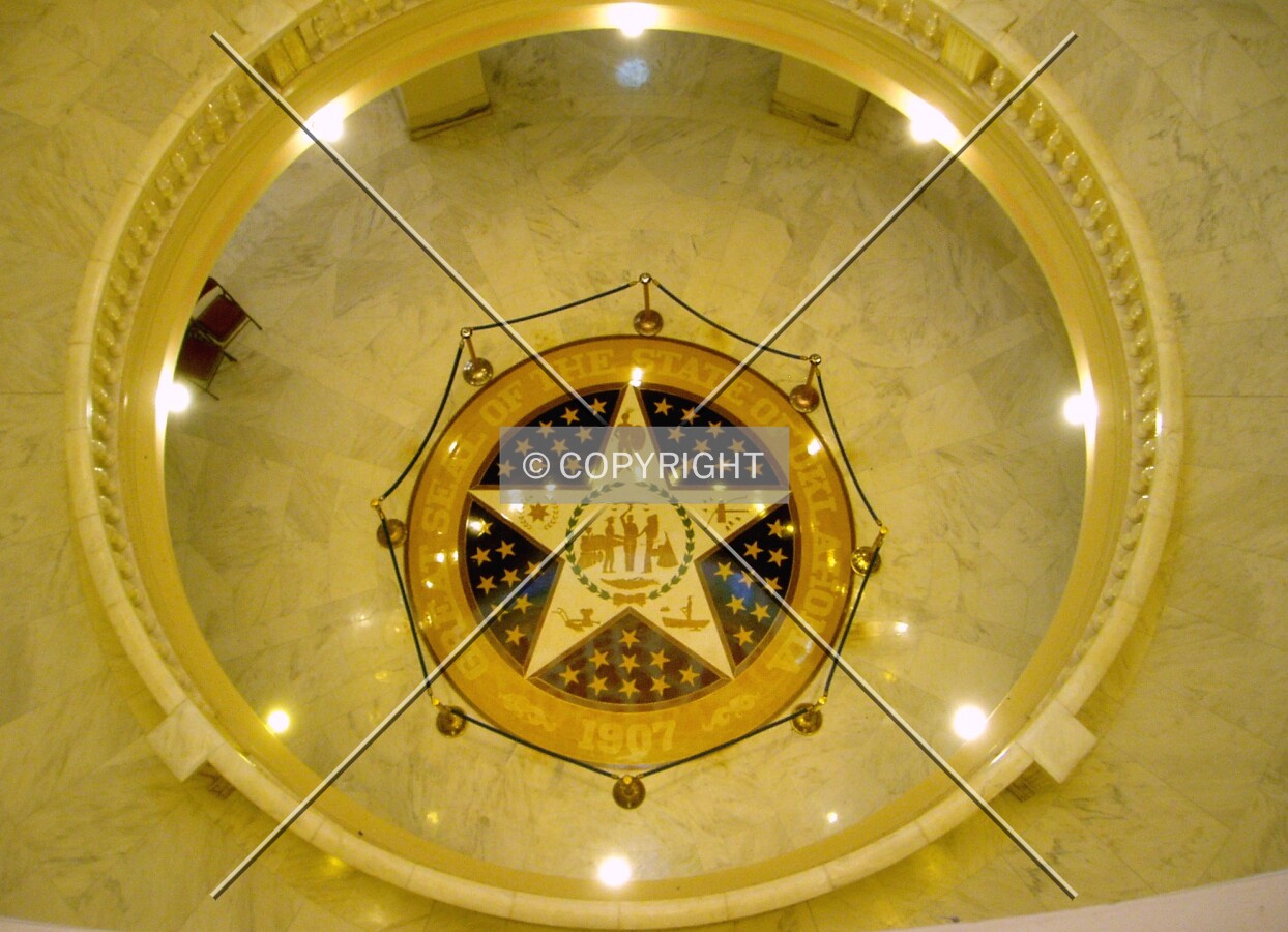 Looking down at the state seal on the floor of the first floor, from the fourth floor