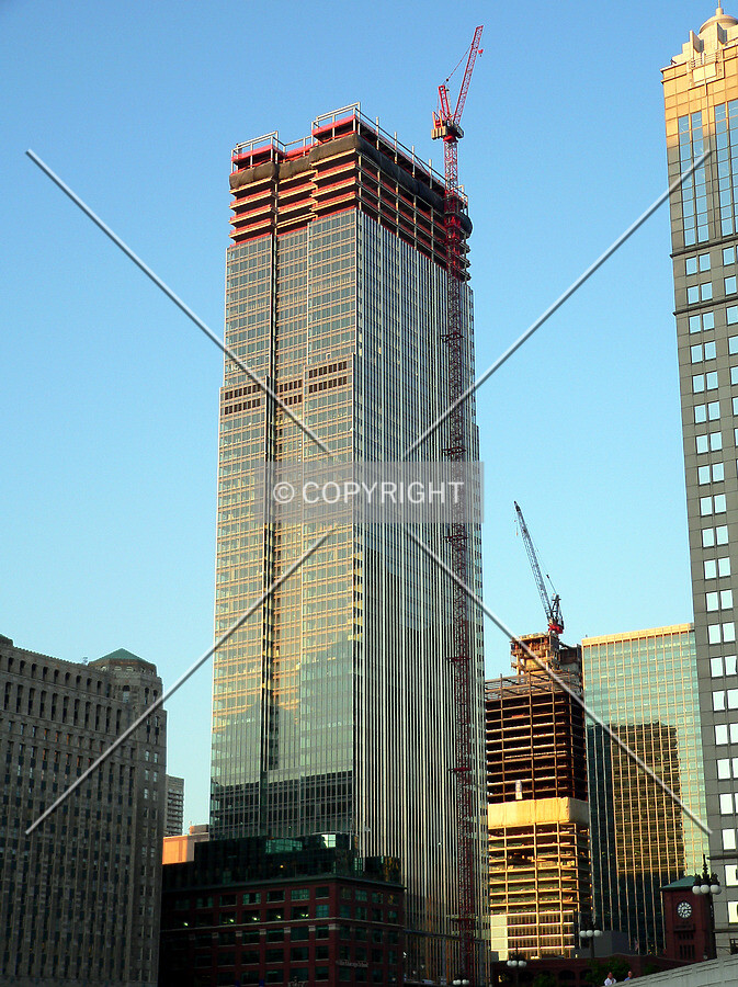 View to the northeast from the Chicago River with 353 North Clark Street in the background under construction