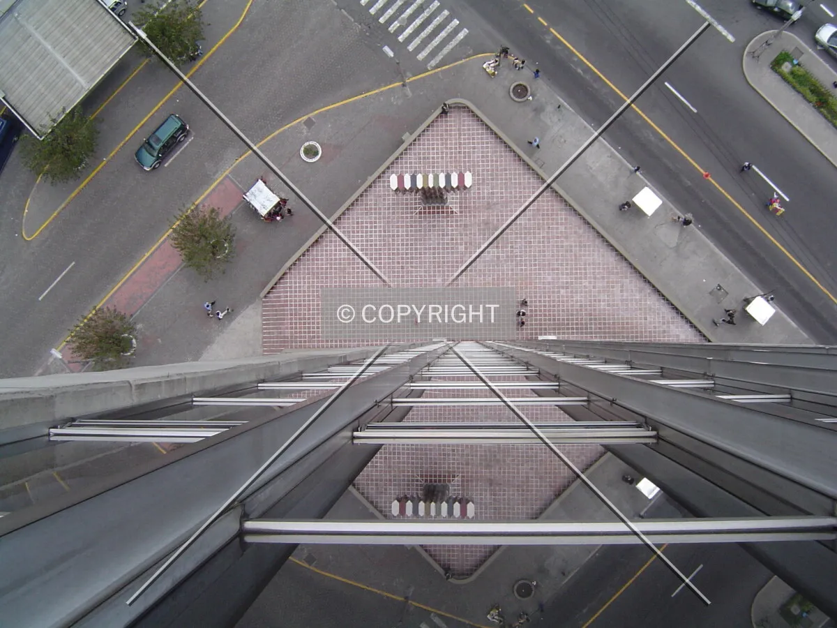 Looking down to main entrance from the top of the building