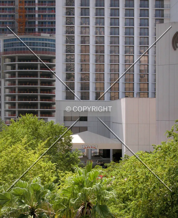 Distant view of entrance awning from the northwest