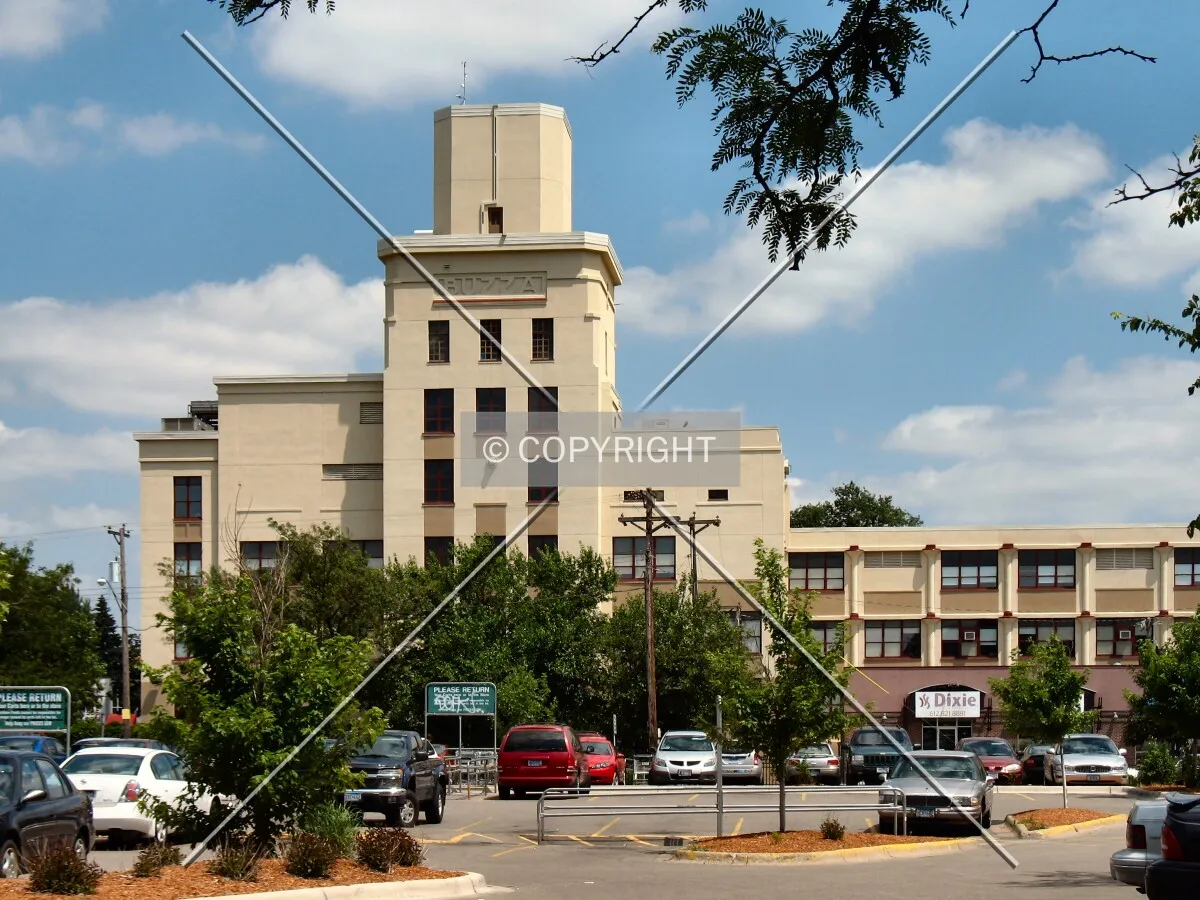 View to the east from Emerson Avenue & Lake Street, through the Uptown Rainbow parking lot