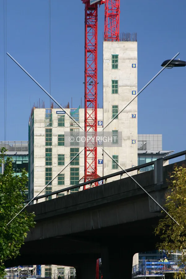 View east of the core rising above the M40 flyover from Harrow Road