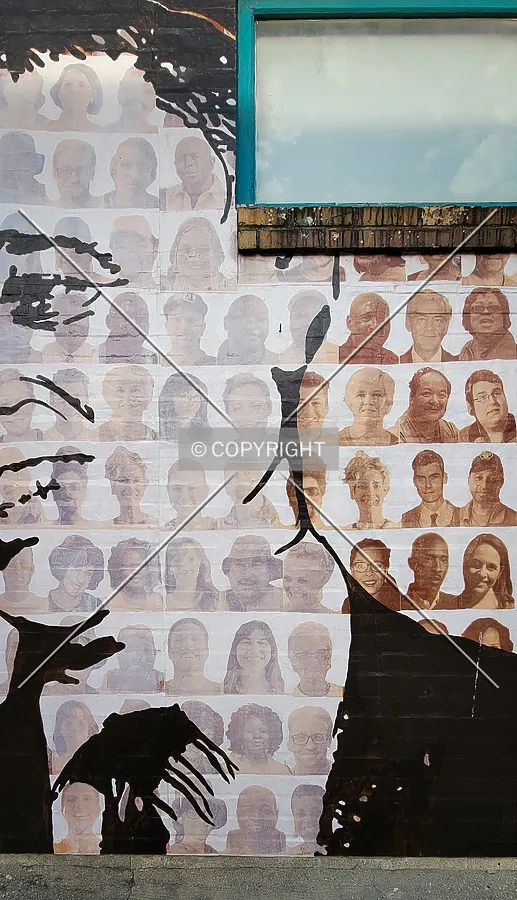 Detail of the mural on the east facade; November 20, 2021