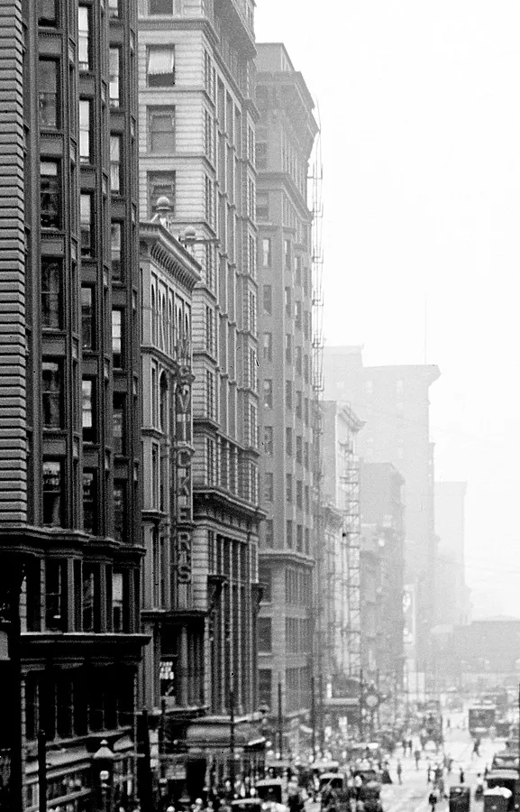 View from the northeast along Madison Street seen past the Chicago, McVickers Theater, and Tribune/First Federal Buildings